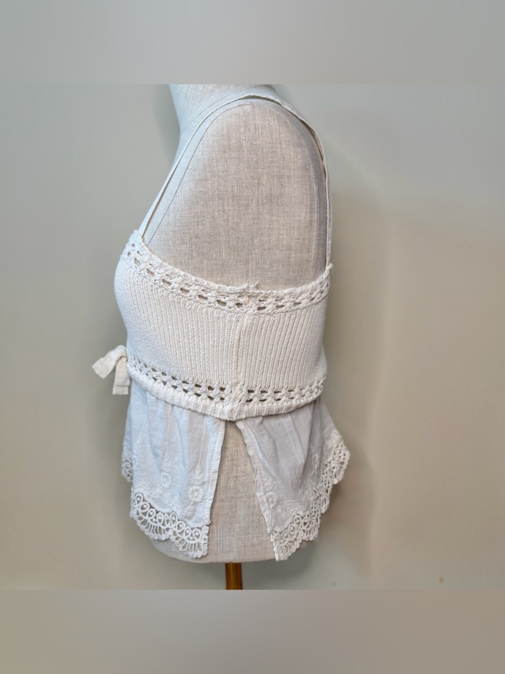Zara Cream Crochet Ribbed Knit Lace-Trim Cami Tank S EUC Cottage Ballet Boho - Picture 3 of 11